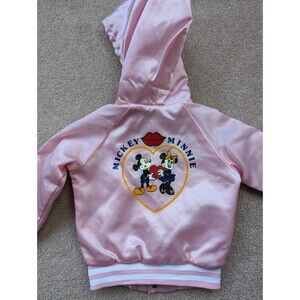 Vintage Kids Mickey & Minnie Chalk Line Hooded Satin Bomber Jacket - Rare